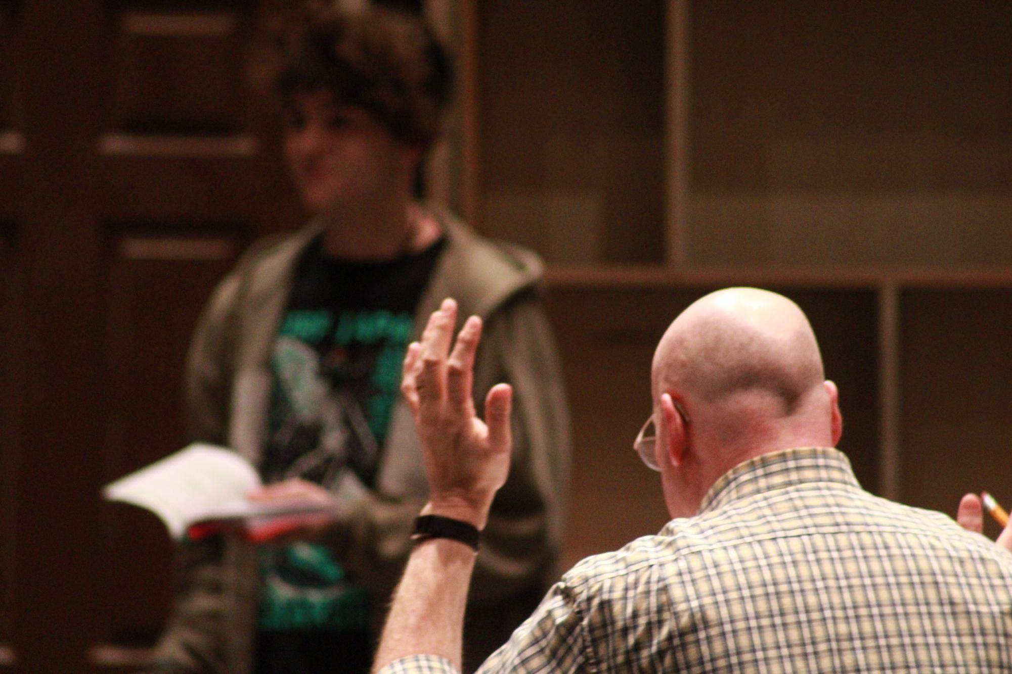 Mr. Klak directing rehearsal for The Play That Goes Wrong