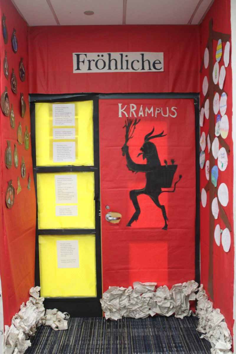 Frau Ramereiz decorated her door for Krampusnacht (Krampus Night), which is on December 5. In the folklore, Krampus whips naughty children with a birch rod.